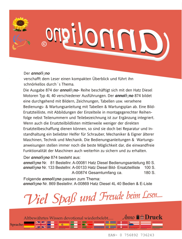 Hatz Diesel Motoren Serie Typ 4L 40 Bild Bedienungsanleitung & Wartungsanleitung & Bild- Ersatzteilliste & Explosionszeichnungen - annoligno 874